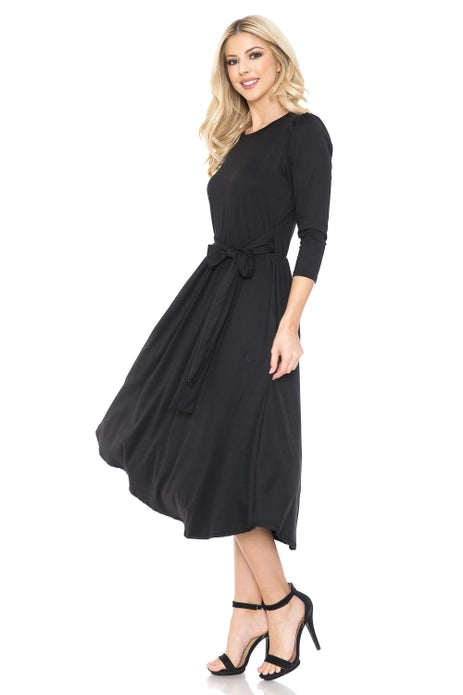 A Line Midi Dress with Shirred Shoulder